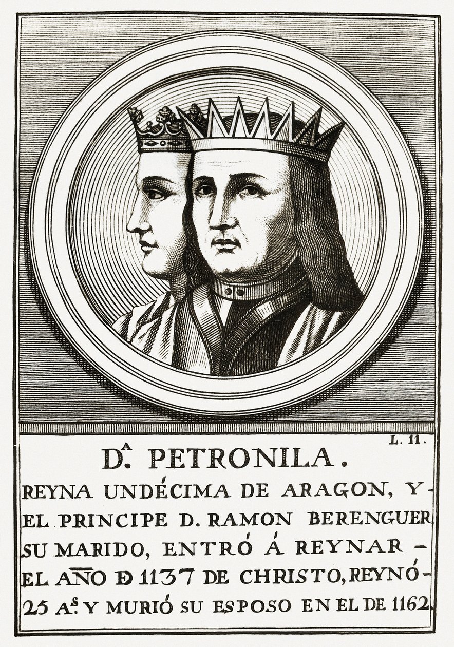 Raimond Berenger IV van Barcelona en Petronilla Koningin van Aragon, gravure. door Unbekannt