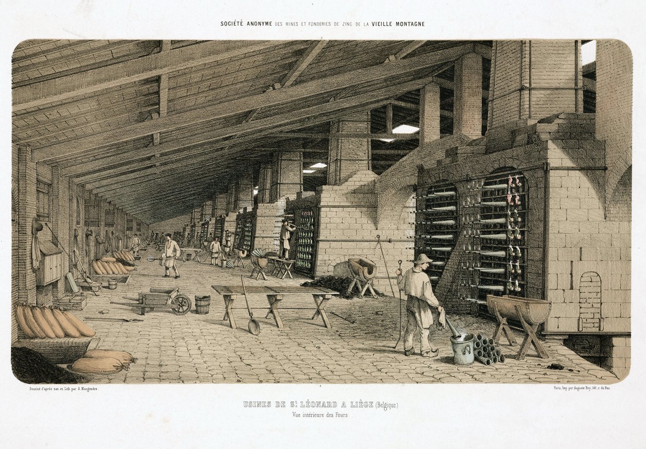 Grondstoffenverwerking, Metallurgie Ovens in de zinkfabriek, St Leonard, Luik, België door Unbekannt