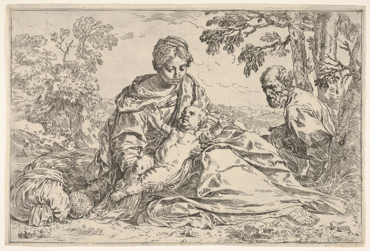 Rust tijdens de vlucht naar Egypte, Maria met het kind Jezus en Sint Jozef, ca. 1640 of later door Unbekannt