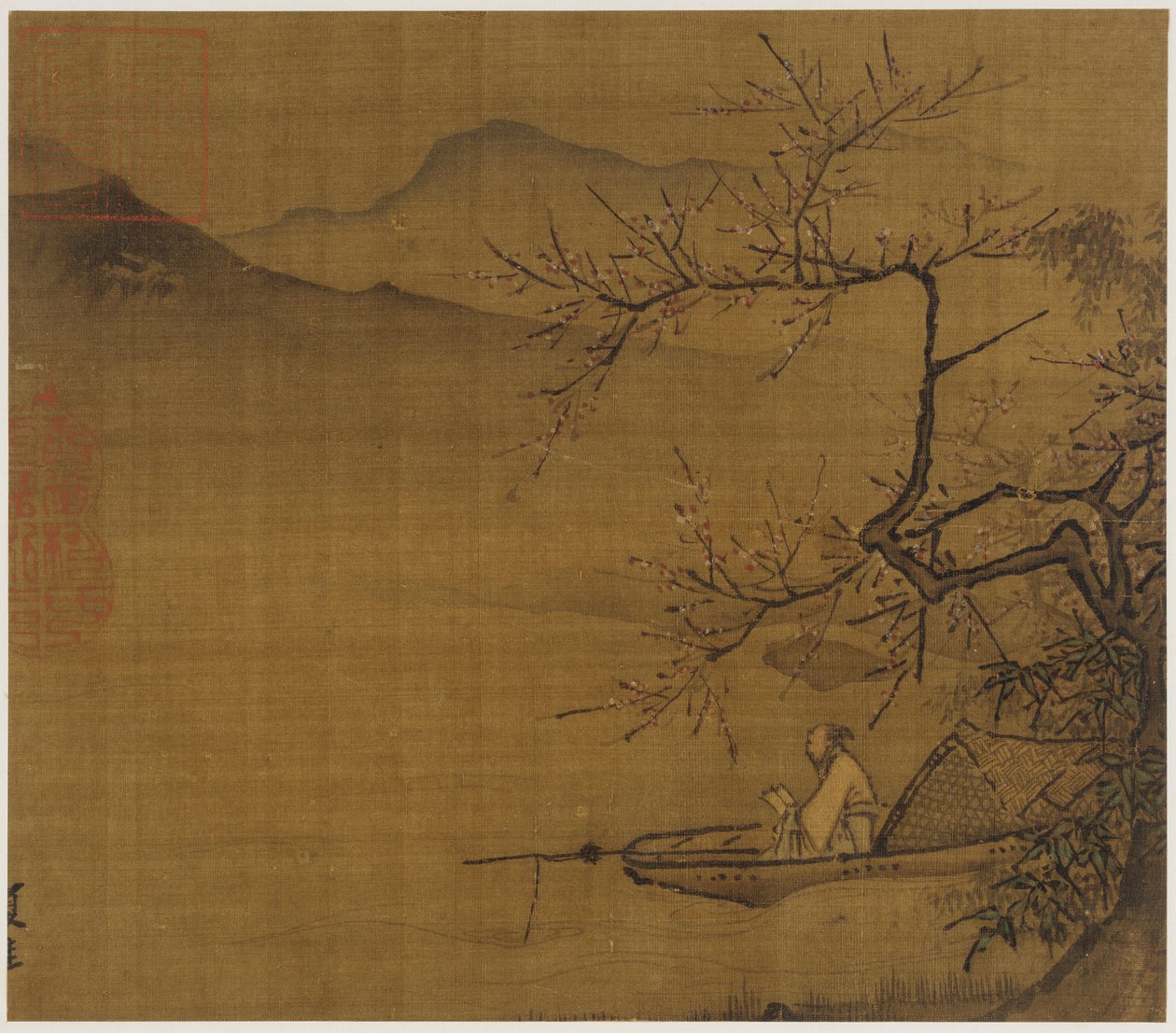 Rivierlandschap: een man leest in een boot aangemeerd onder een bloeiende boom, Ming-dynastie, 1368-1644 door Unbekannt