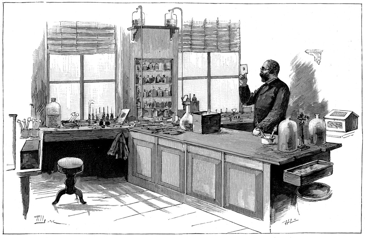 Robert Koch 1843-1910, Duitse bacterioloog en arts in zijn laboratorium door Unbekannt
