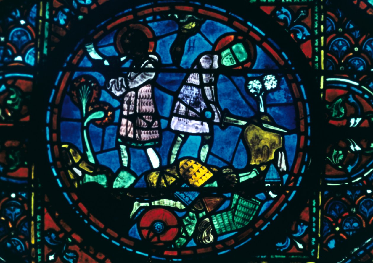 Roland breekt zijn zwaard en blaast op zijn hoorn, glas-in-lood, kathedraal van Chartres, Frankrijk, 1194-1260 door Unbekannt