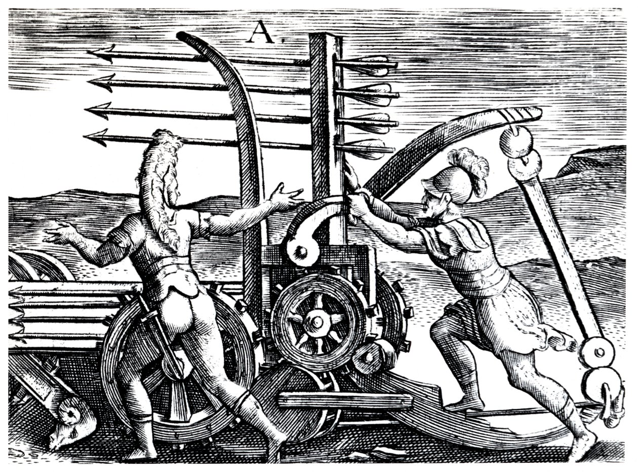 Romeinse soldaten die een oorlogsmachine gebruiken die meerdere pijlen afvuurt, 1605 door Unbekannt