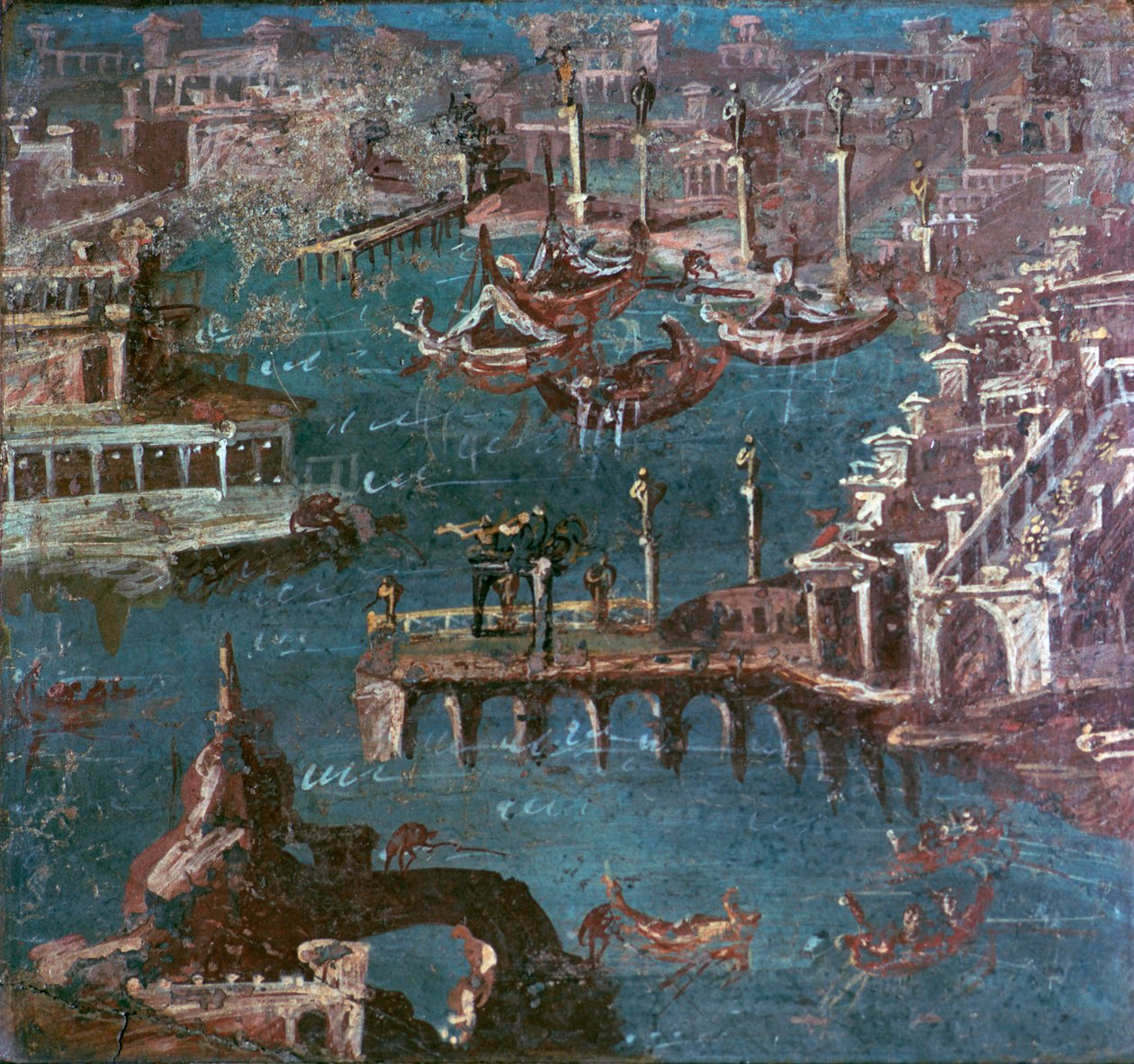 Romeinse muurschildering van een havenscène door Unbekannt