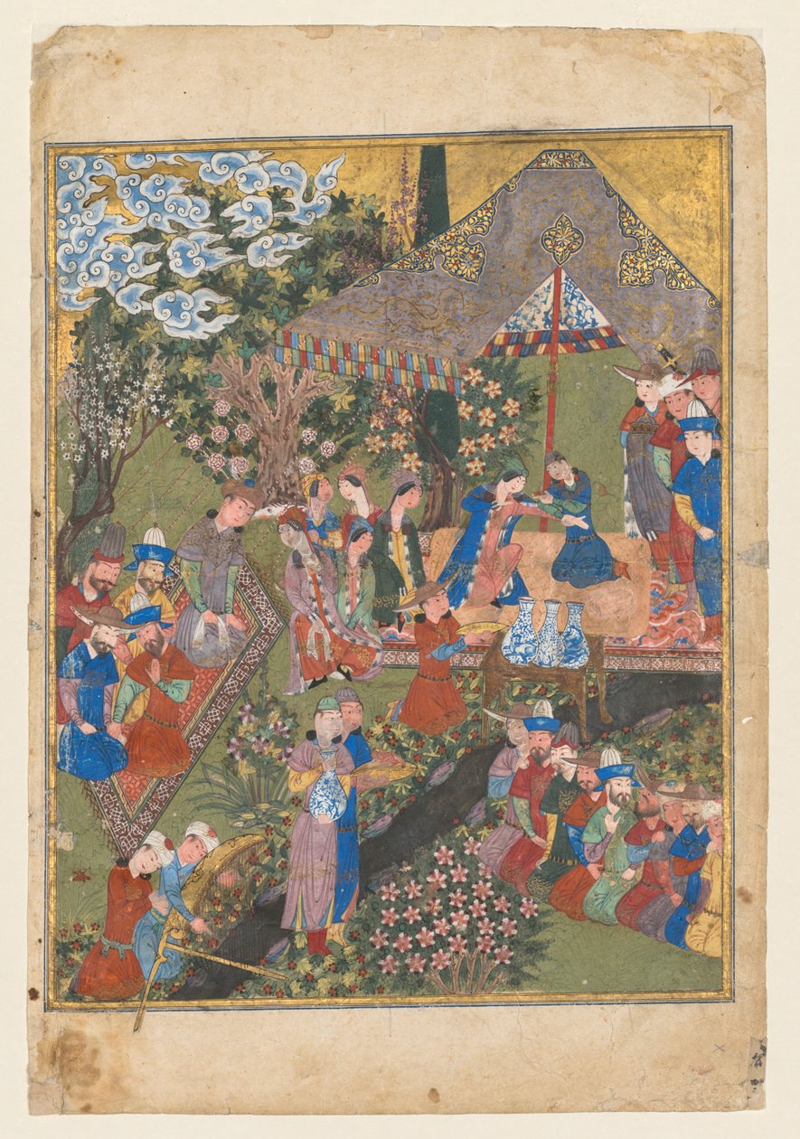 Koninklijk feest in een tuin, verso van rechter folio van de dubbelpagina frontispice..., c. 1440 door Unbekannt