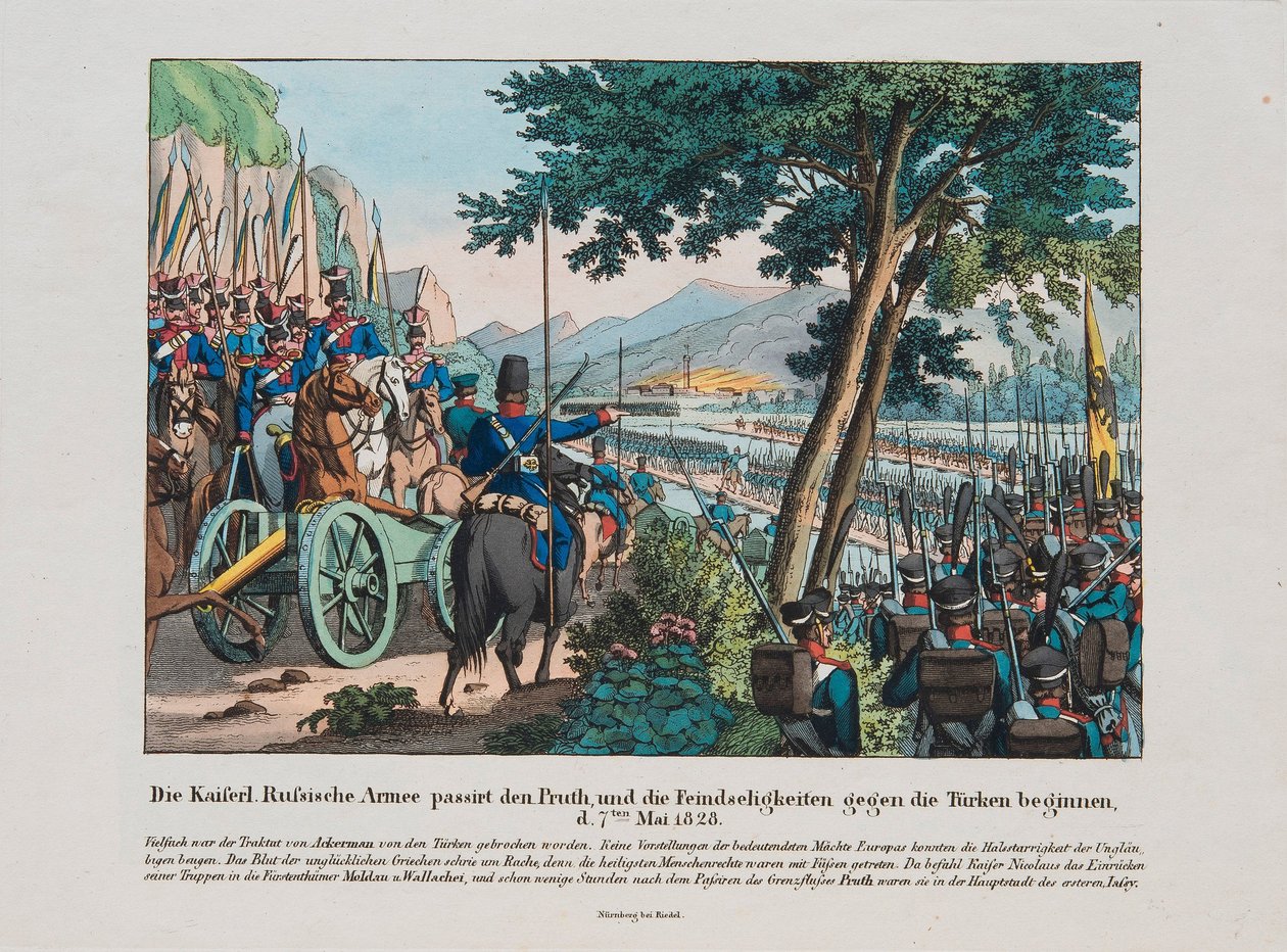 Russisch leger steekt de Pruth-rivier over naar Moldavië in mei 1828, ca. 1830 door Unbekannt