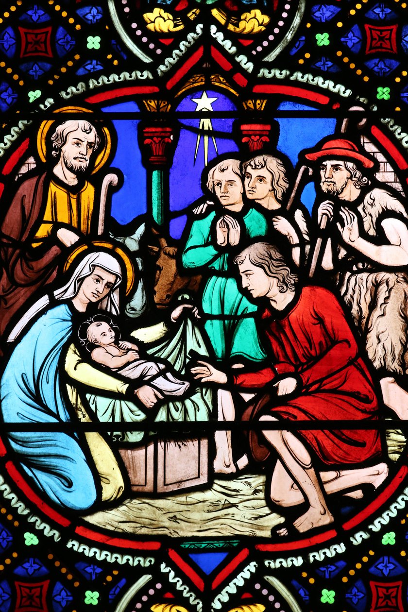 Heilig Hart kerk. Glas-in-lood raam. De Geboorte. Aanbidding van de Herders, Moulins door Unbekannt