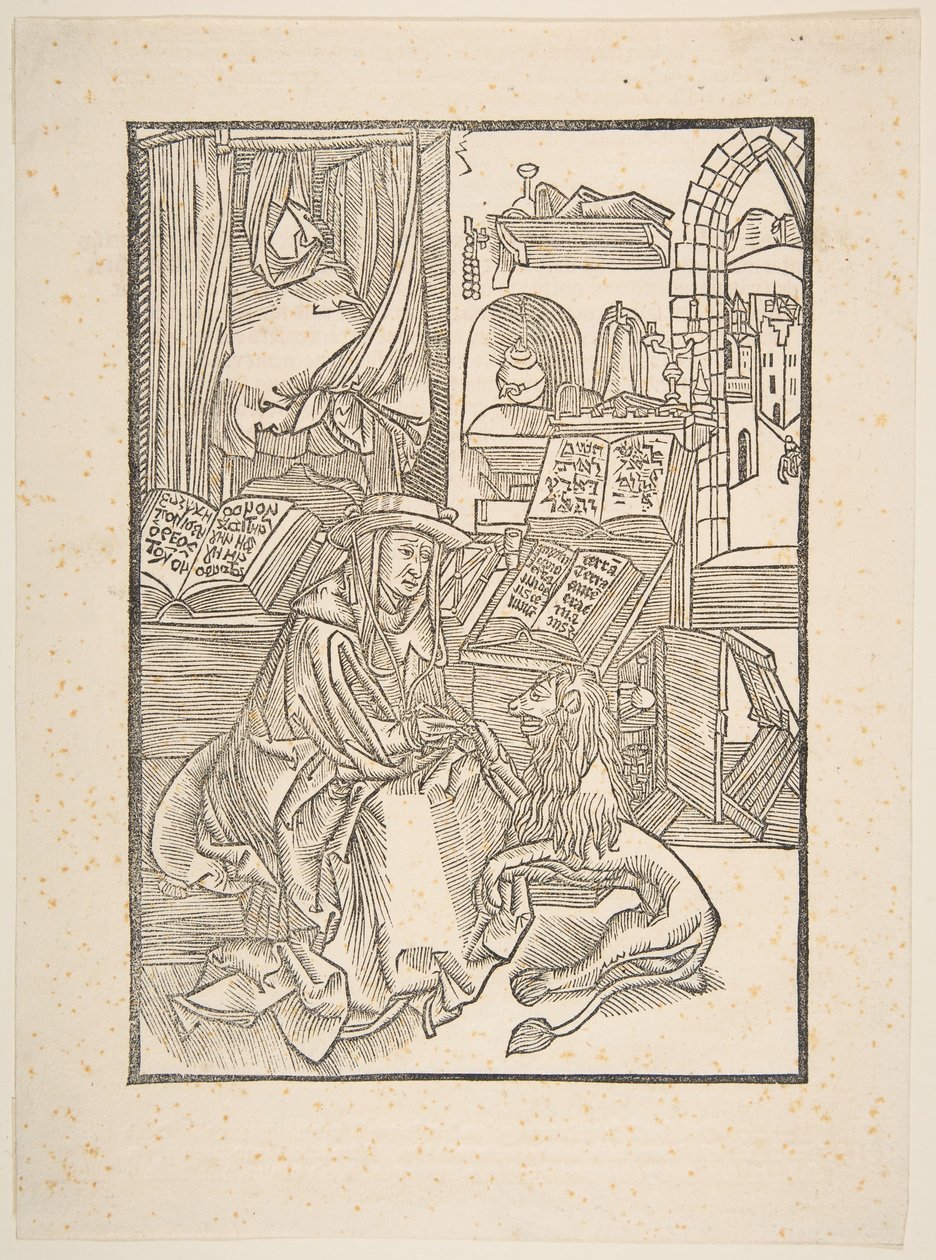 Sint Hiëronymus haalt een doorn uit de poot van de leeuw, Lyon, 1508 kopie door Unbekannt