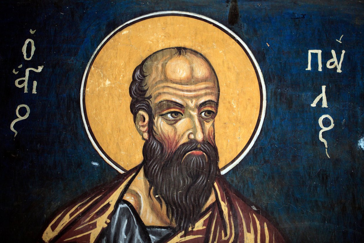 Heilige Paulus: Byzantijnse fresco uit de 14e eeuw (1332) Nathex, zuidmuur Phorbiotissa Maagdkerk, Asinou Unesco-site Troodos regio, Cyprus door Unbekannt