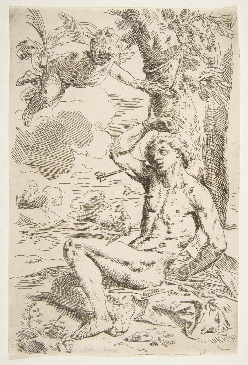 Sint Sebastiaan doorboord met pijlen en vastgebonden aan een boom, kopie naar Cantarini, ca. 1639 of later door Unbekannt