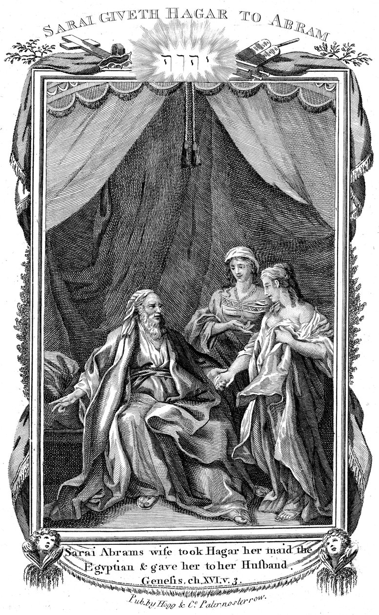 Sara, Abrahams vrouw, onvruchtbaar, biedt Hagar haar dienstmaagd aan haar man aan, ca. 1804 door Unbekannt