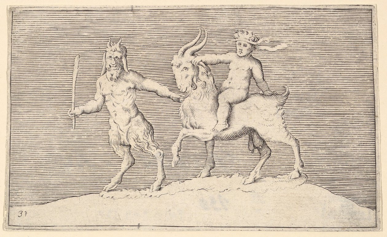 Satyr Leidt Geit waarop een Kind Rijdt, gepubliceerd ca. 1599-1622 door Unbekannt