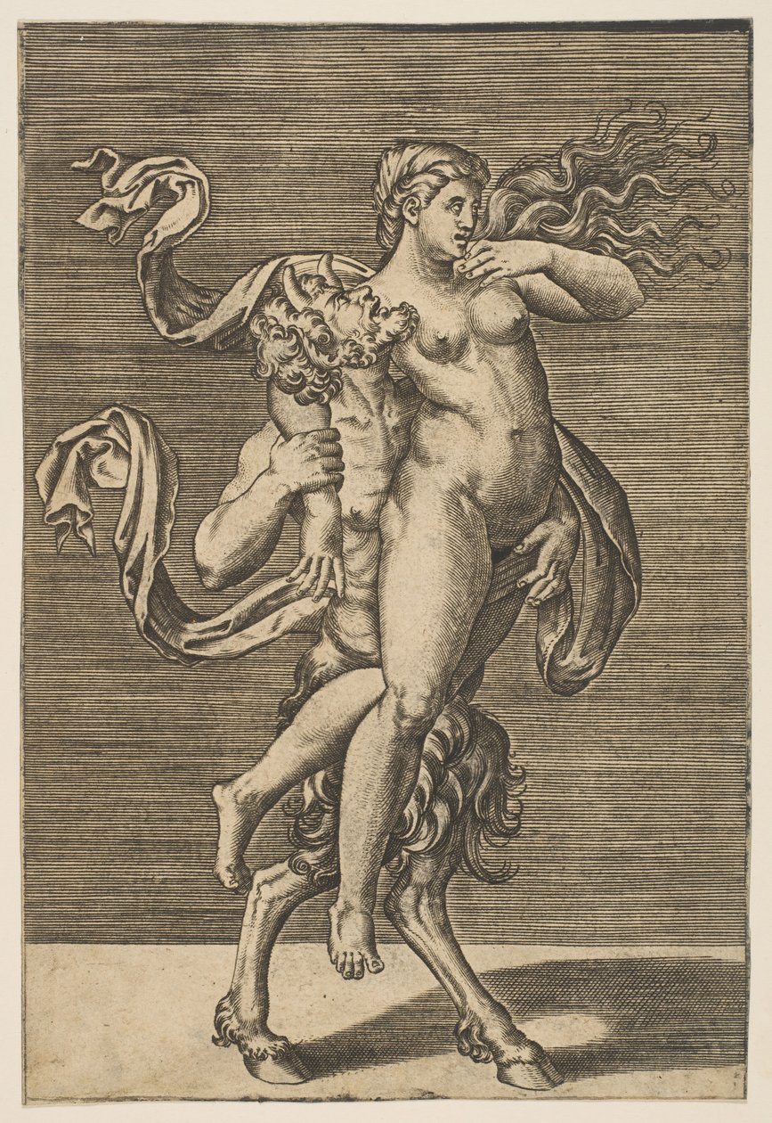Sater die een nimf draagt en haar rechterarm vasthoudt, ca. 1515-1600 door Unbekannt