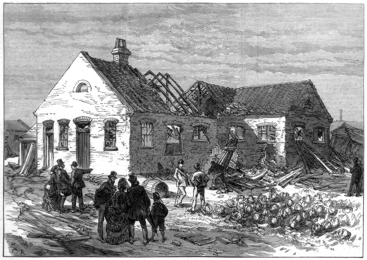 Scène van de explosie in de patroonfabriek, Greenwich Marshes, 1872 door Unbekannt