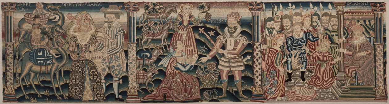 Sectie van een Geborduurde Fries: Rebecca ontmoet Isaac, Abigail ontmoet David, 1625-1649 door Unbekannt
