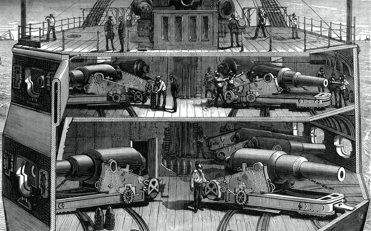 Doorsnede van batterijen in het gepantserde fregat Alexandra, ca. 1880 door Unbekannt
