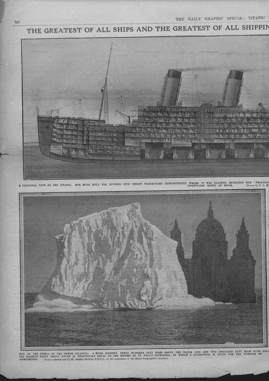 Doorsnede diagram van de Titanic, en ijsberg, 20 april 1912 door Unbekannt