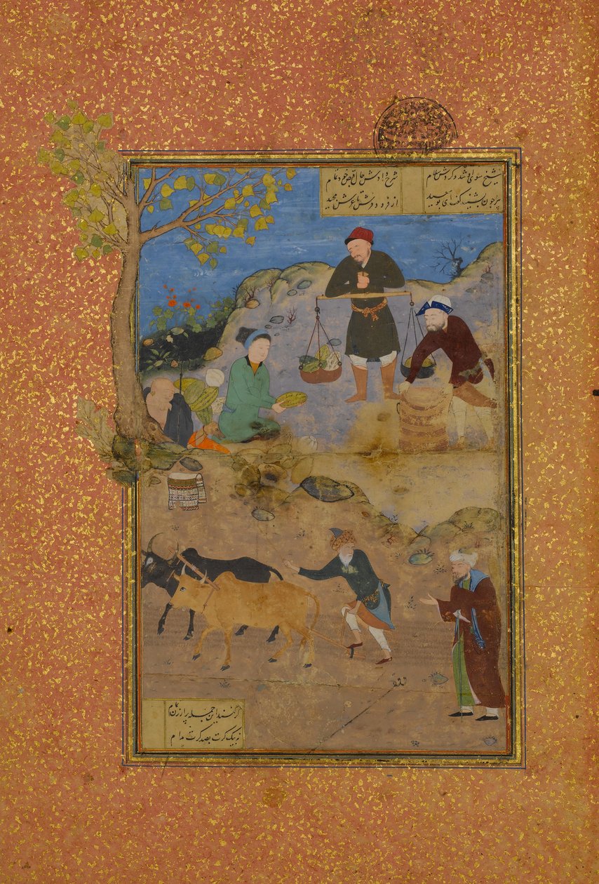 Shaikh Mahneh en de Dorpsbewoner, Folio 49r uit een Mantiq al-tair Taal van de Vogels door Unbekannt