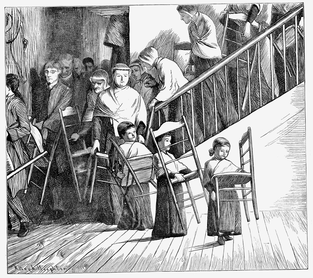 Shaker-gemeenschap gaat dineren, elk met hun eigen Shaker-stoel, New York State, 1870 door Unbekannt
