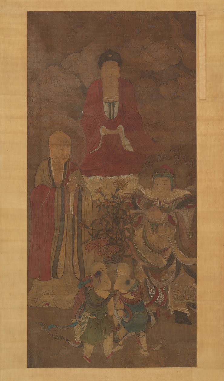 Shakyamuni met luohan, hemelse koning en jongens, begin 17e eeuw door Unbekannt