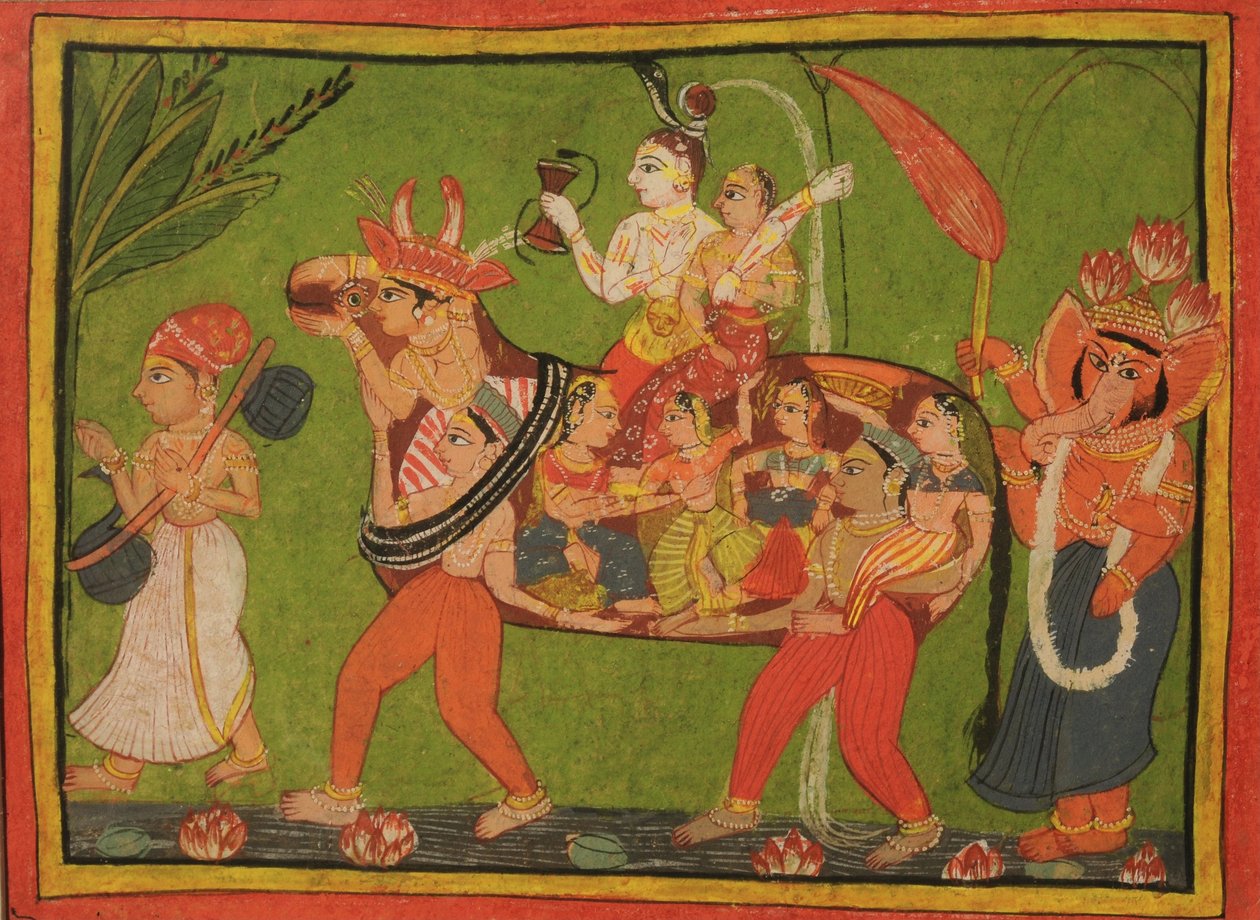 Shiva en Parvati op een samengestelde koe gemaakt van vrouwen door Unbekannt