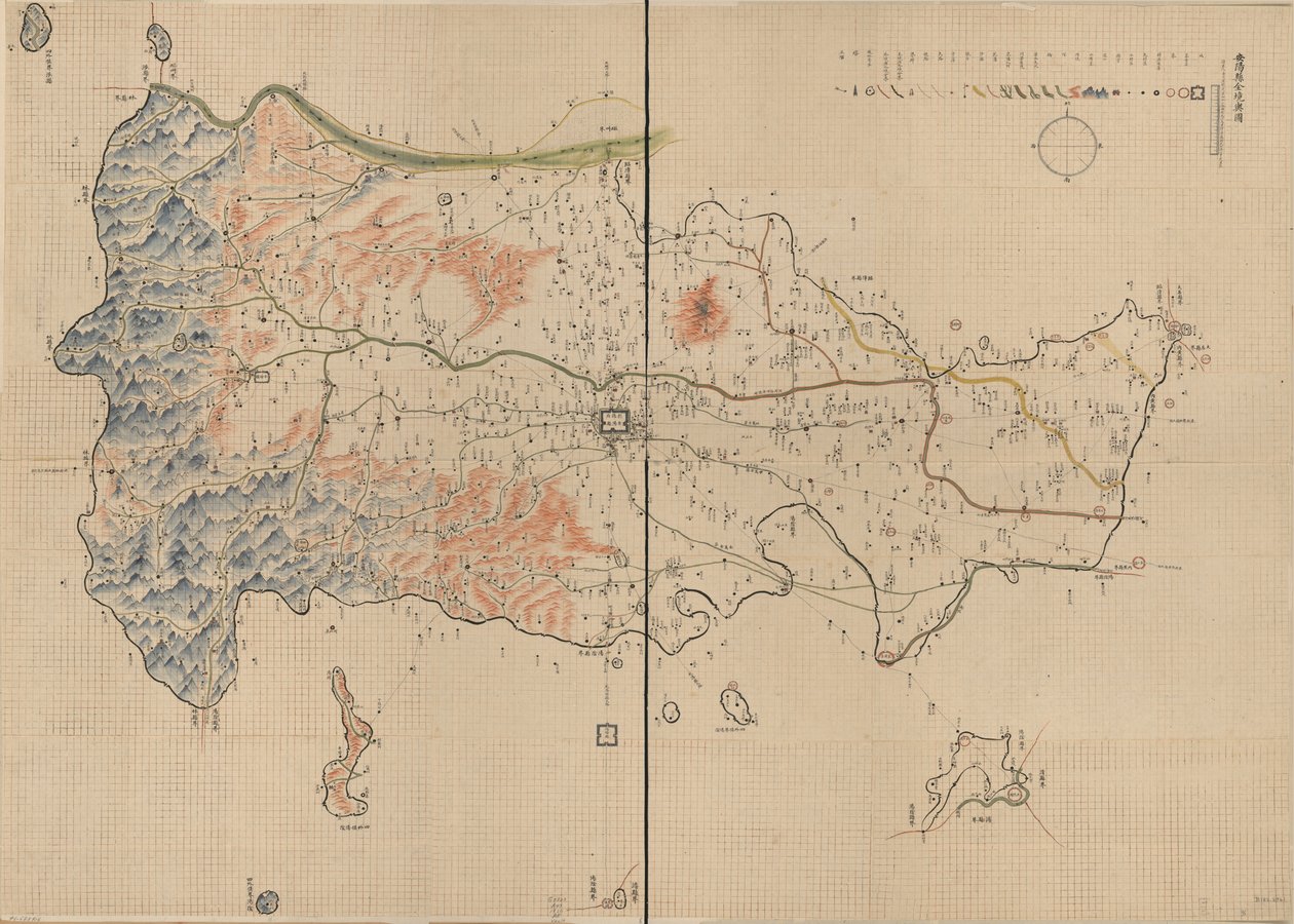 Toont bergen, rivieren, steden, dorpen, markten, tempels en wegen in Anyang County, Henan Province door Unbekannt