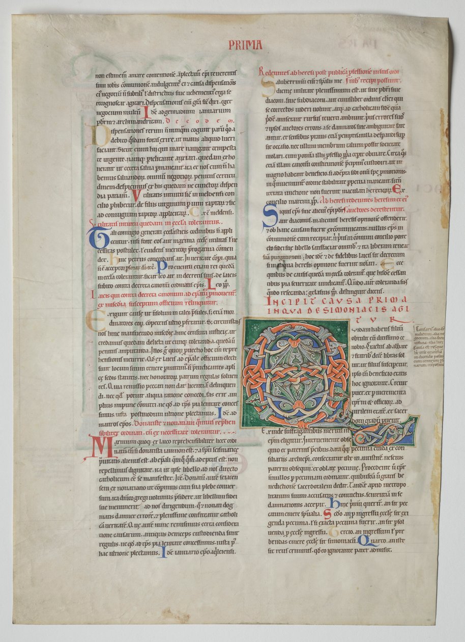 Enkel blad uit een Decretum door Gratianus: Gedecoreerde Initiaal Q[uidam habens filium obtulit], ca. 1160-1165 door Unbekannt