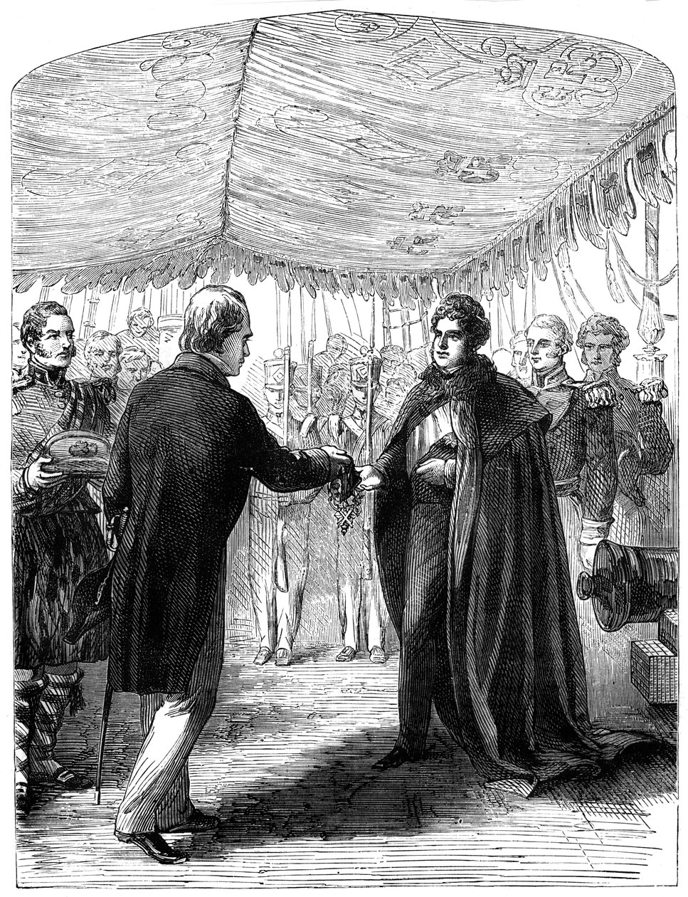 Sir Walter Scott presenteert het Kruis van Sint-Andreas aan koning George IV, 1822 door Unbekannt