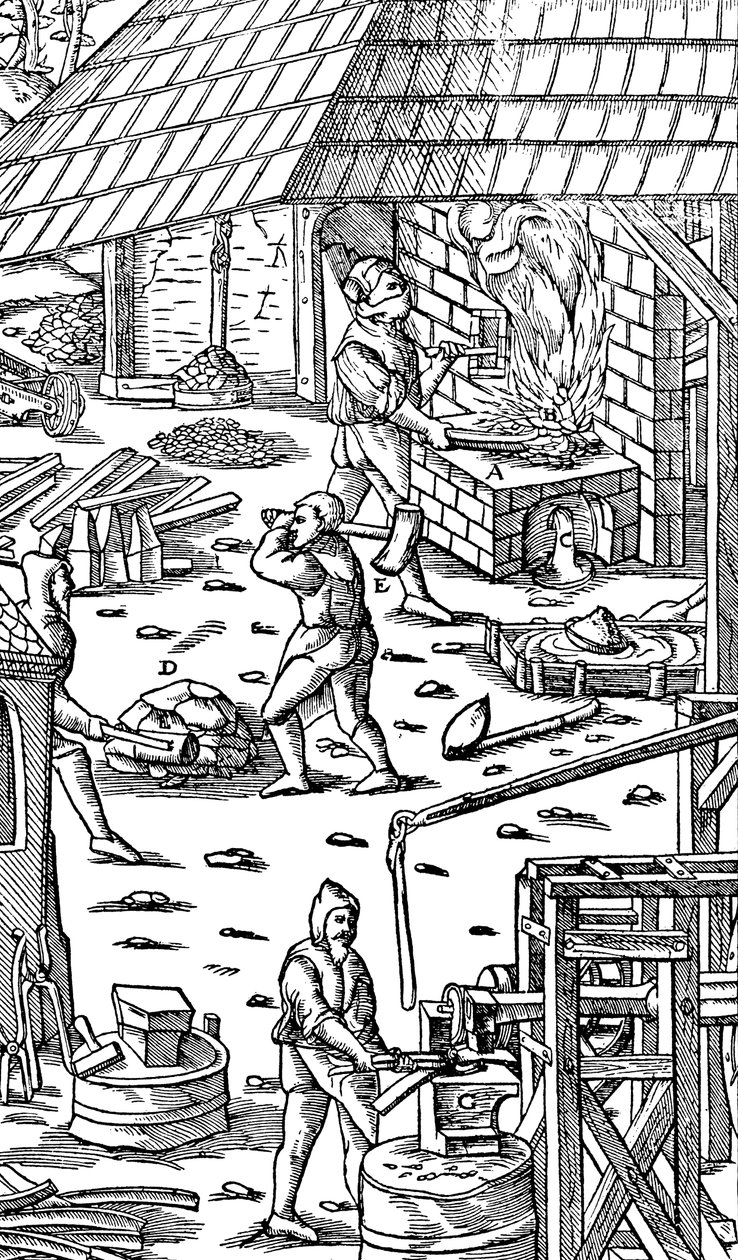 Ijzer smelten en staven hameren met een mechanische hamer door Unbekannt