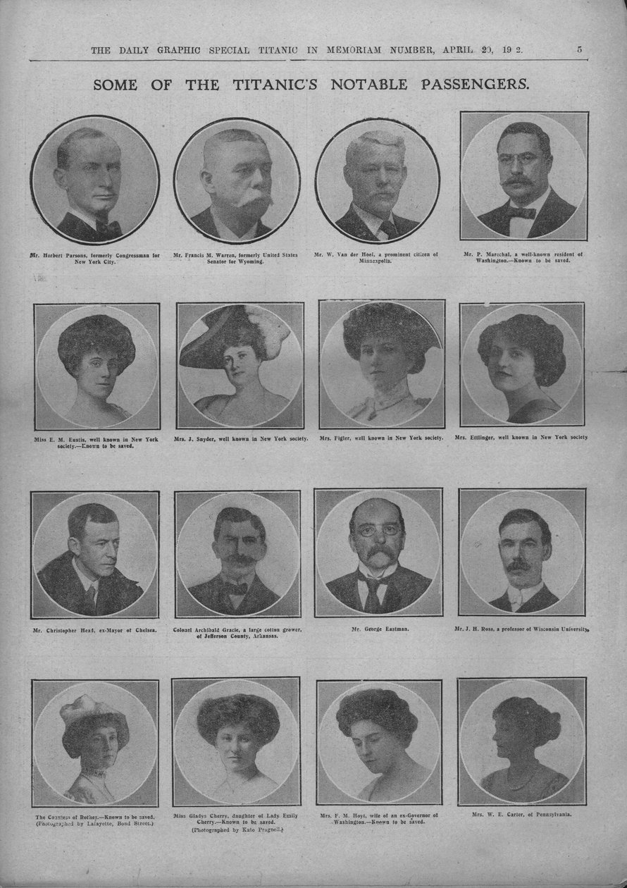 Enkele van de opmerkelijke passagiers van de Titanic, 20 april 1912 door Unbekannt