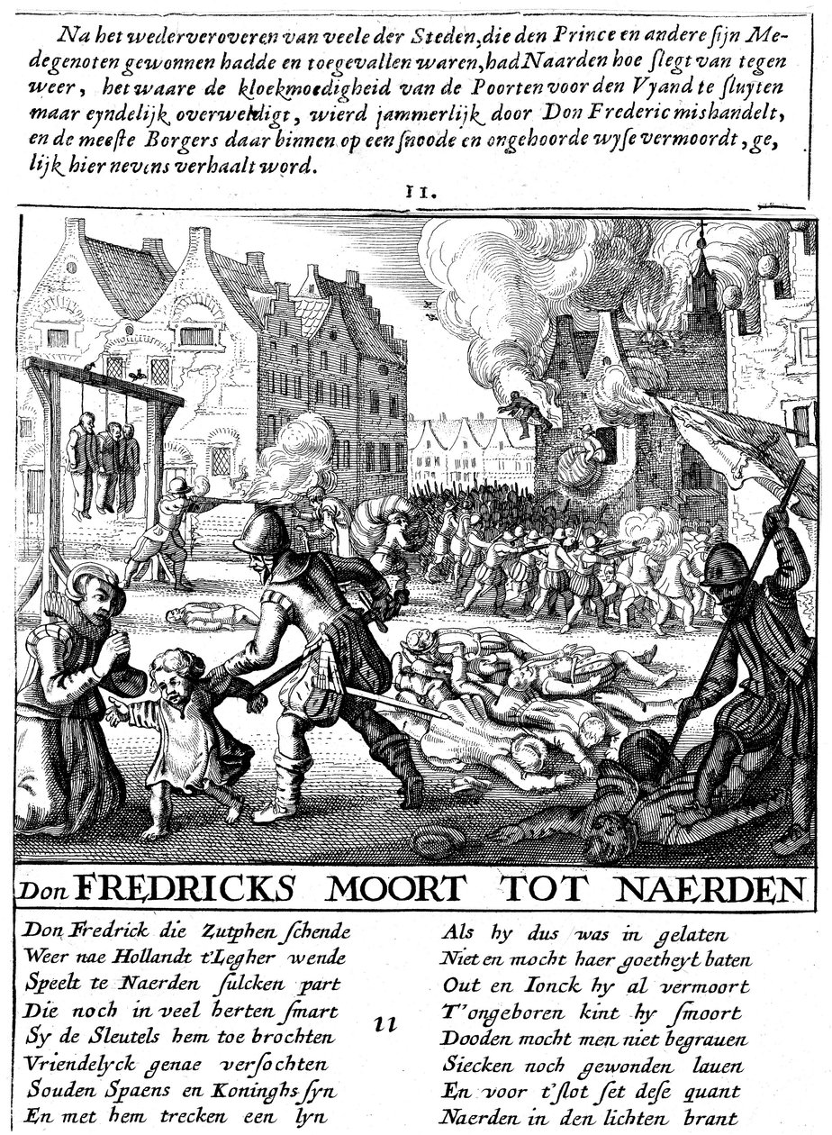 Spaanse troepen steken gebouwen in brand en plegen bloedbaden tijdens Spaanse overheersing in Nederland, 1567-73 door Unbekannt