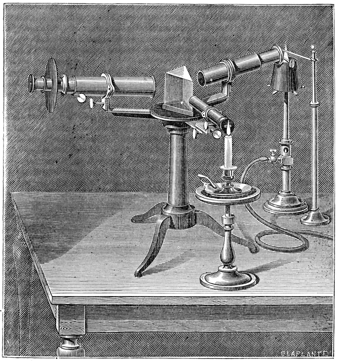 Spectroscopisch apparaat gebruikt door Robert Wilhelm Bunsen en Gustav Robert Kirchhoff, ca. 1895 door Unbekannt