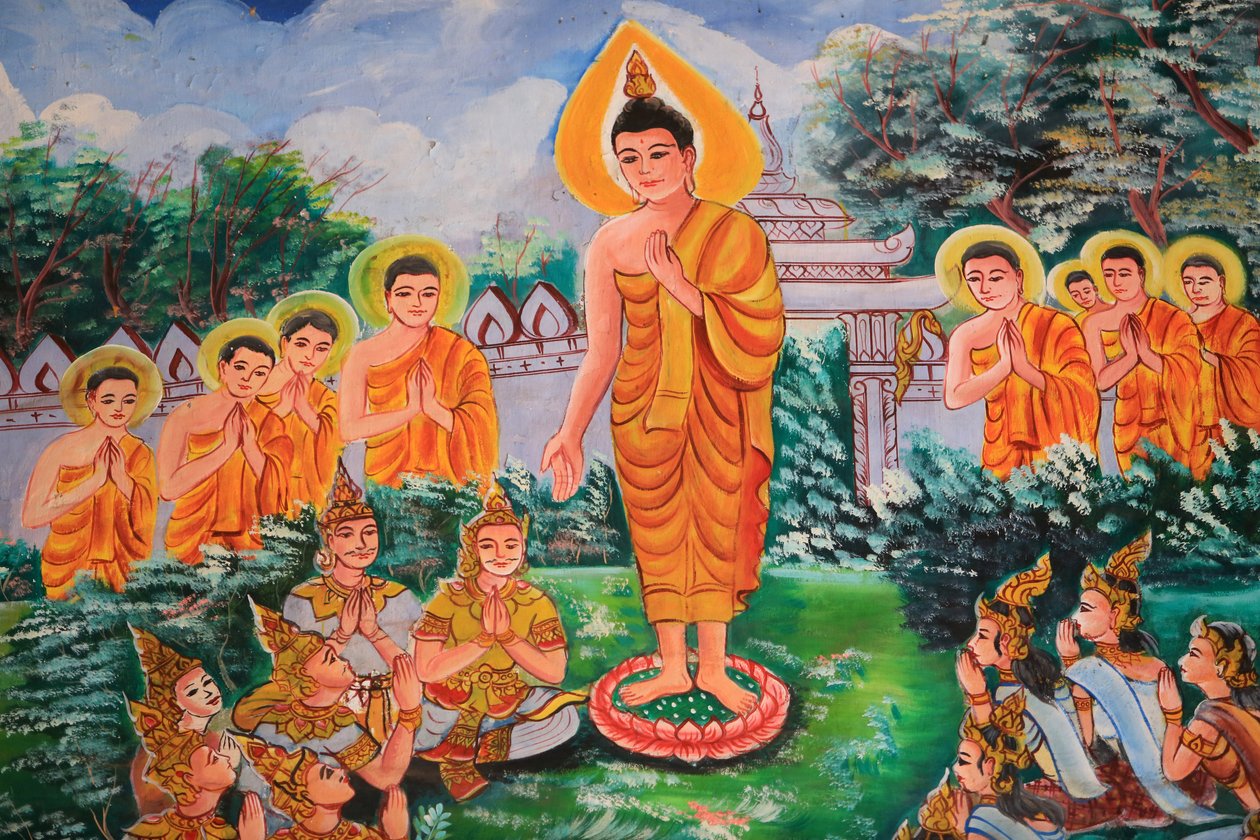 Verspreiding van de Dharma. Leven van Boeddha. Plafondkunstwerk dat het leven van Boeddha afbeeldt. Wat Inpeng. Vientiane. Laos, 20151029, Vientiane, Laos door Unbekannt