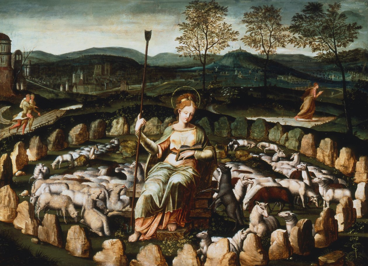 St Genevieve die haar Schapen Hoedt, 16e eeuw door Unbekannt