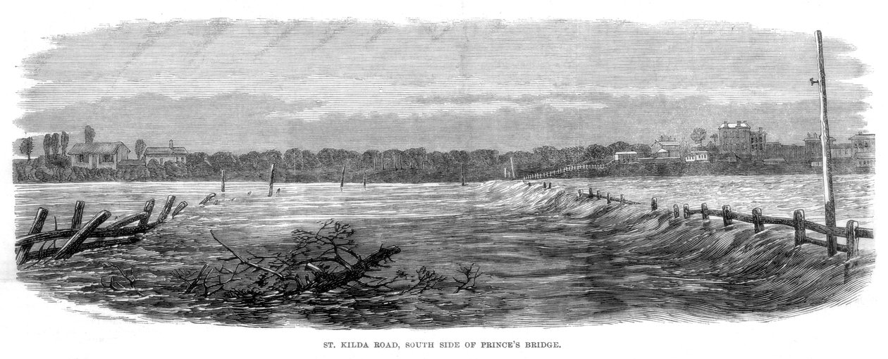 St Kilda Road, zuidkant van Princes Bridge - Overstromingen in Melbourne, Australië, 1864 door Unbekannt