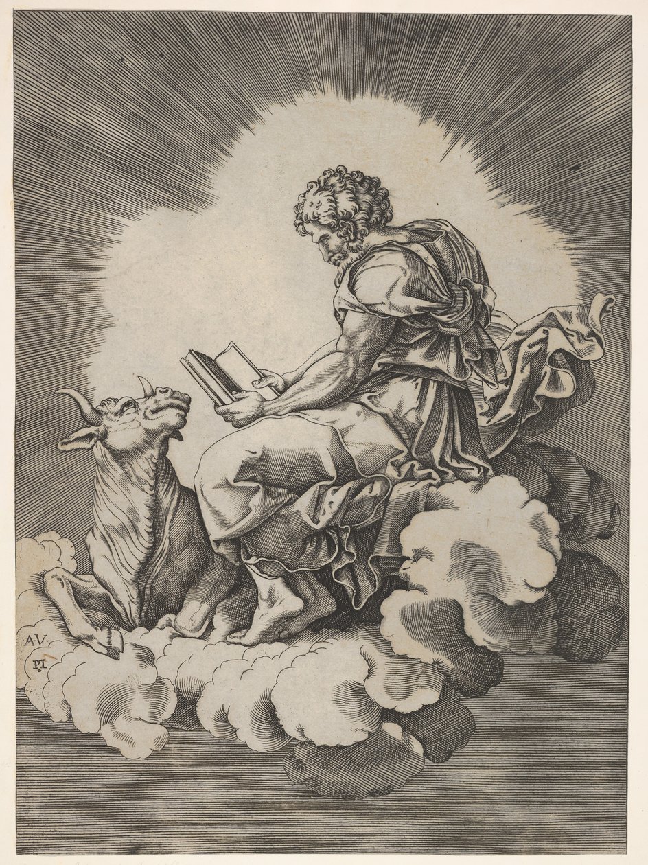 Sint Lucas, zittend op een wolk met een open boek in beide handen, een stier liggend aan zijn voeten, na 1518 door Unbekannt