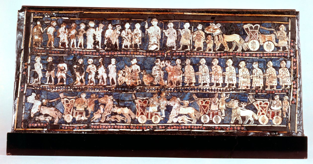 Standaard van Ur, de oorlogszijde, uit de Koninklijke Begraafplaats van Ur, Sumerisch, ca. 2500 v.Chr. door Unbekannt