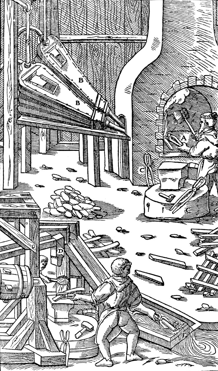 Staalproductie: een smederij met blaasbalgen om trek te produceren, 1556 door Unbekannt