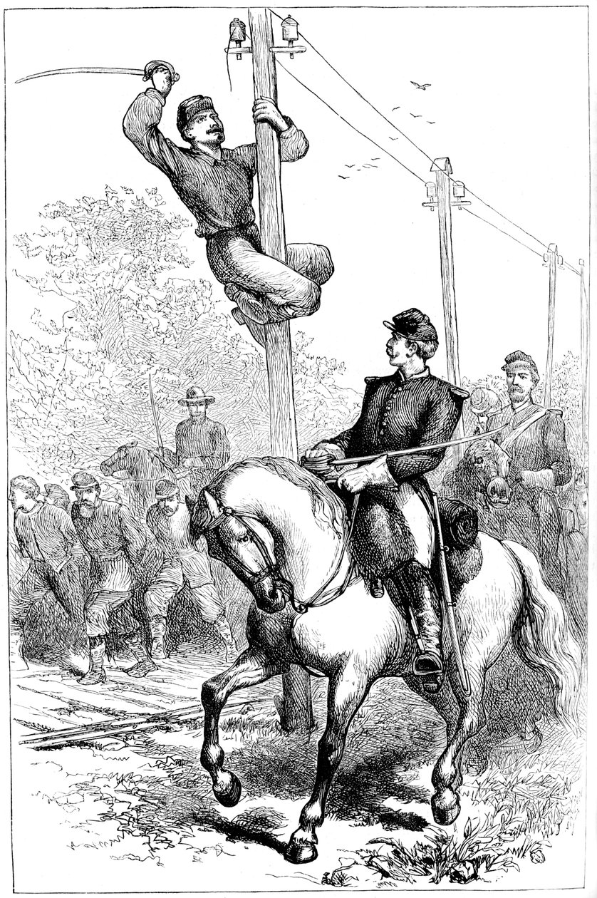 Stuarts cavalerie snijdt telegraafdraden door, Amerikaanse Burgeroorlog, ca. 1861-1864 ca. 1880 door Unbekannt
