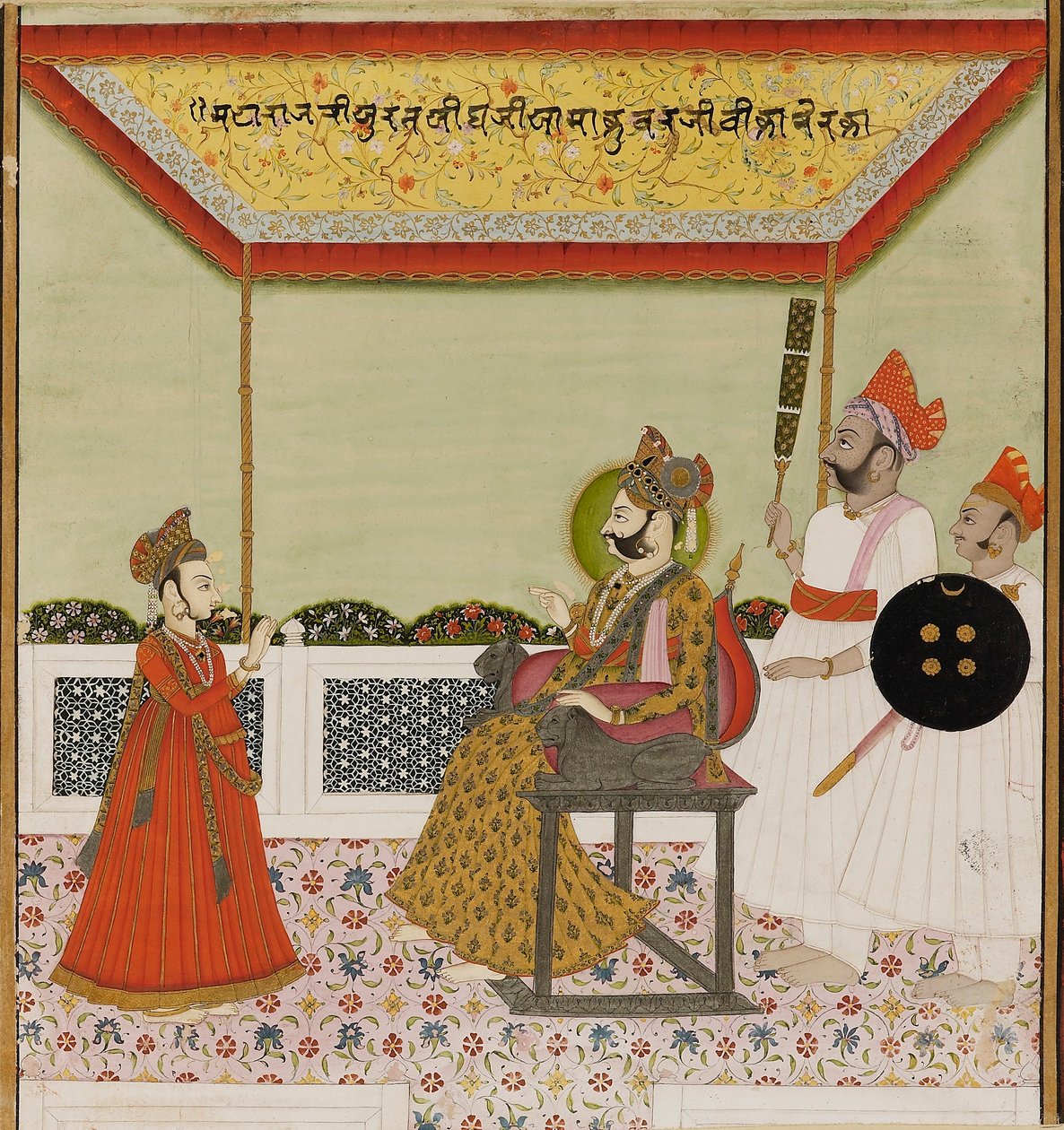 Surat Singh zit op een leeuwenarmige troon en ontvangt zijn jonge zoon, ca. 1800 door Unbekannt