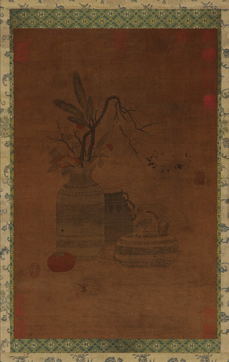 Wandtapijt: een kom, twee potten, bloemen en fruit, Mogelijk Ming dynastie, 1368-1644 door Unbekannt
