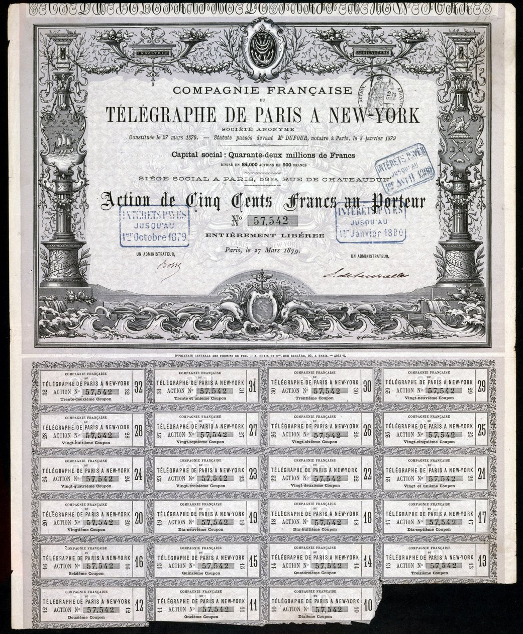 Telegrafie, Algemeen Parijs-New York Telegraaf Aandeelcertificaat, 27 maart 1879 door Unbekannt