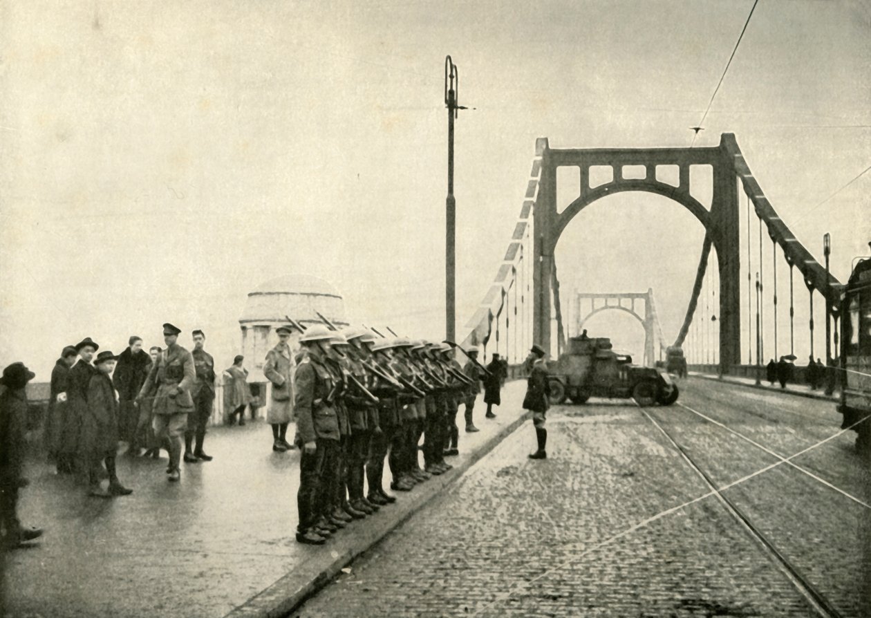 De 18e Huzaren bewaken een brug over de Rijn bij Keulen door Unbekannt