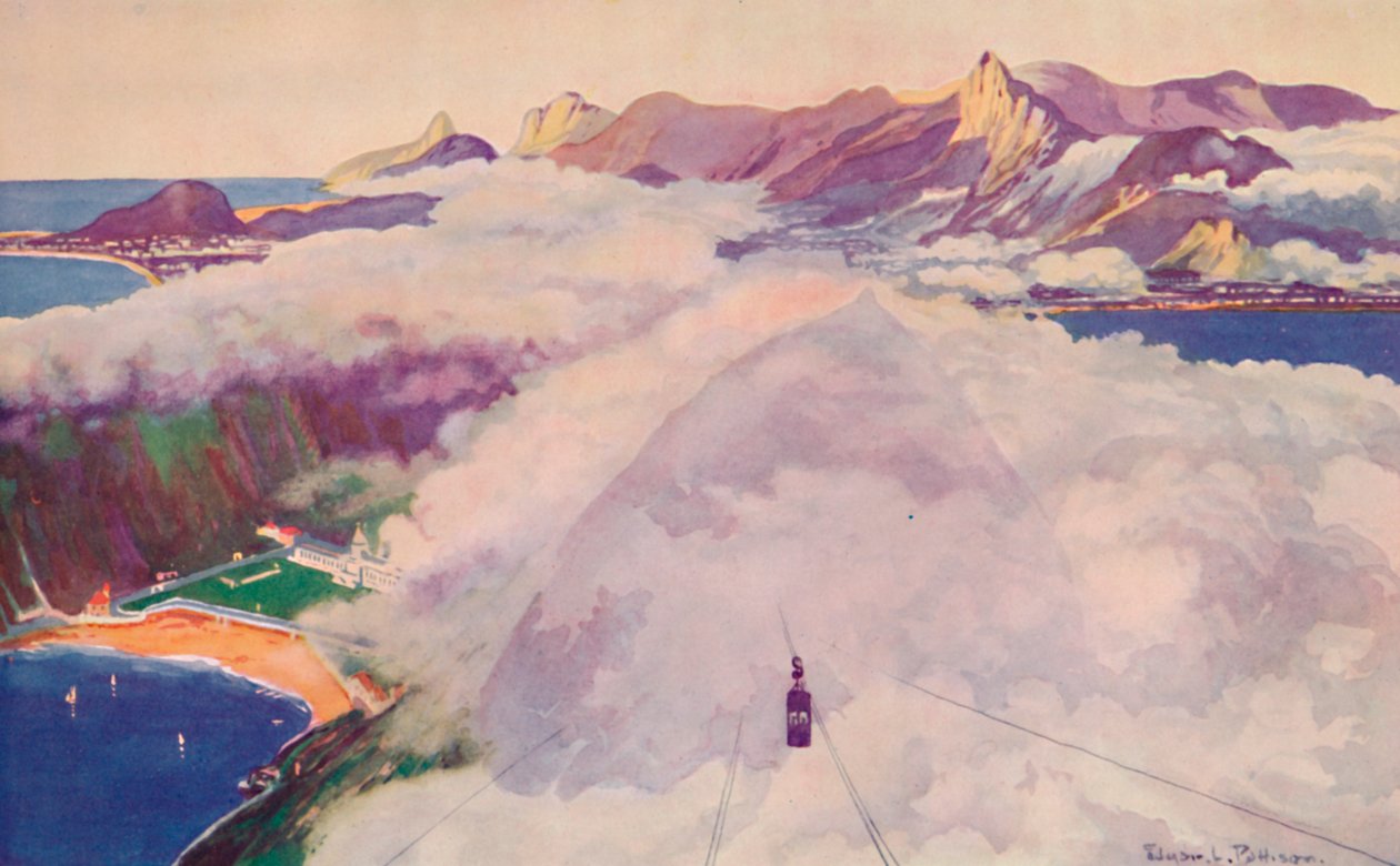 De luchtkabelbaanwagen die afdaalt van de Suikerbroodberg, 1914 door Unbekannt
