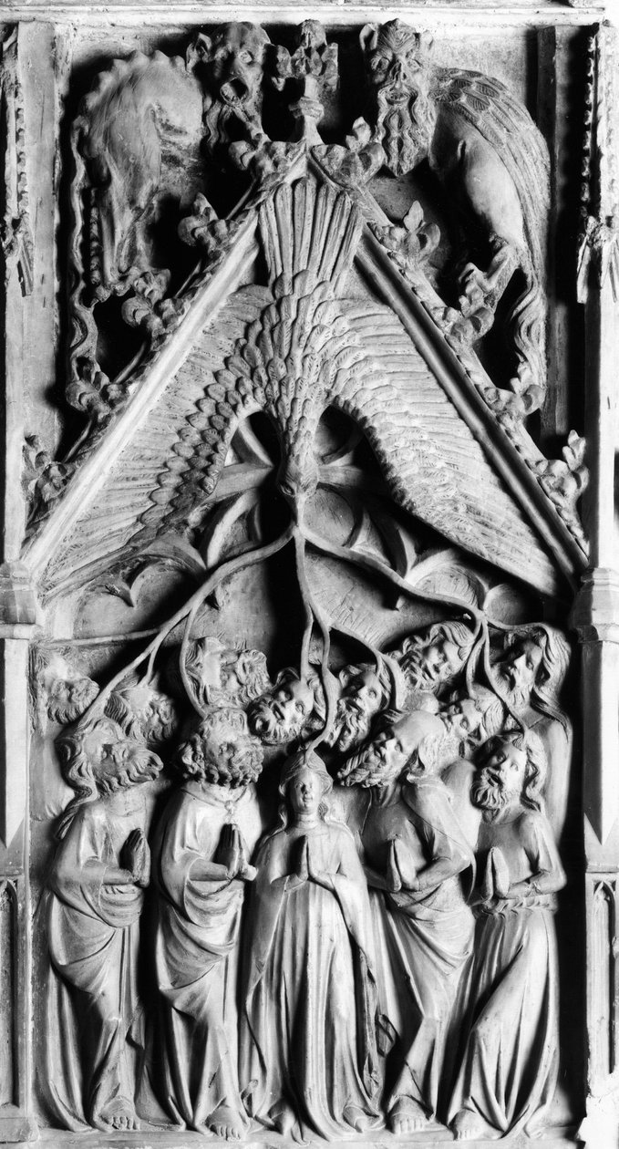Het Altaarstuk van het Leven van de Maagd Detail. Laag reliëf door Jaume Cascalls (? -1378) 14e eeuw Kerk van Onze-Lieve-Vrouw van Corneilla de Conflent (Oostelijke Pyreneeën) door Unbekannt