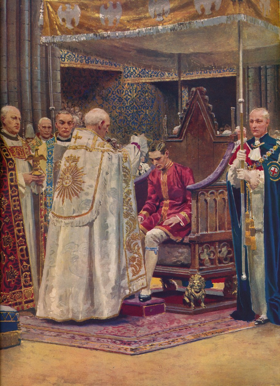 De zalving: De aartsbisschop maakt het kruisteken op het hoofd van de koning, 1937 door Unbekannt