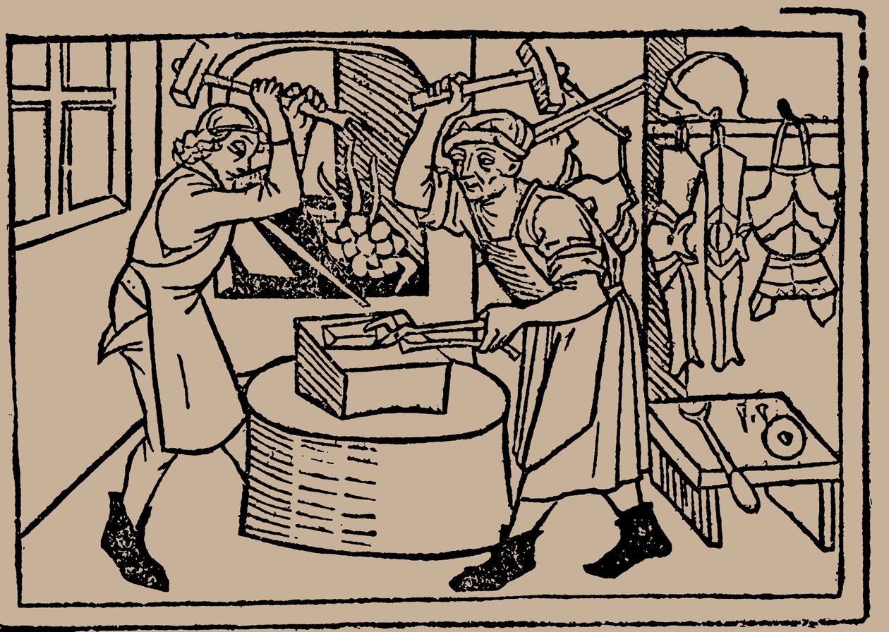 De kunst van het smeden. Uit Speculum Vitae Humanae door Rodericus Zamorensis, 1479 door Unbekannt