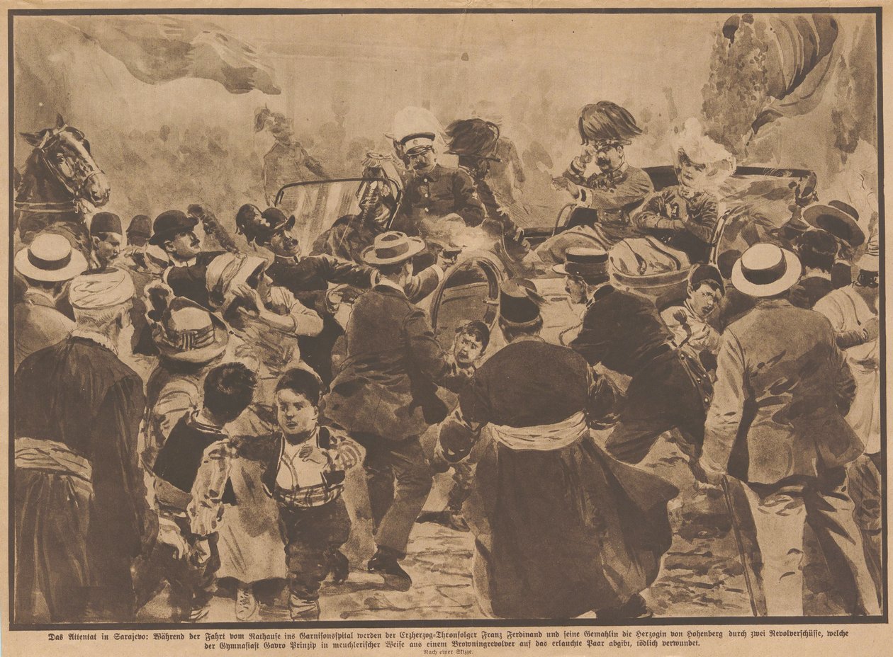 De Moord op Aartshertog Franz Ferdinand van Oostenrijk en zijn vrouw in Sarajevo, 28 juni 1914 door Unbekannt
