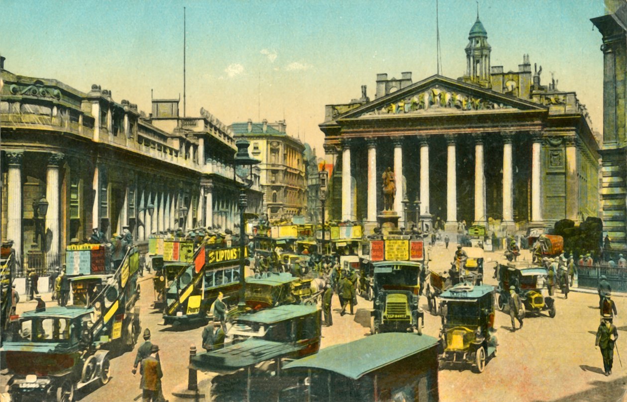 De Bank of England en Royal Exchange, Londen, ca. 1910 door Unbekannt