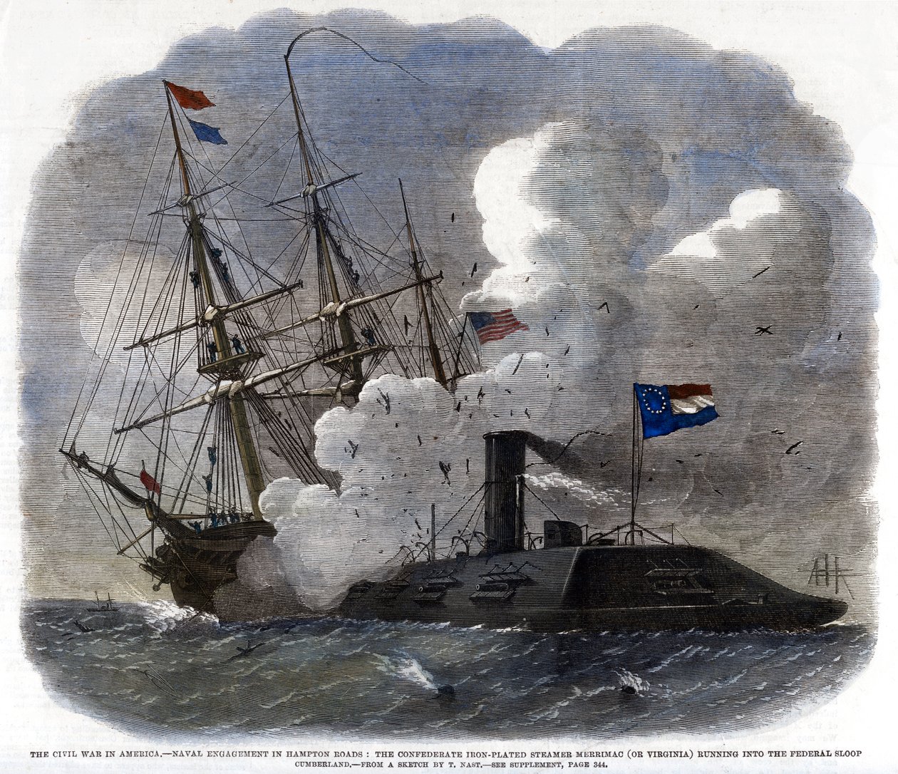 De burgeroorlog in Amerika - Zeeslag in Hampton Roads..., 1862 door Unbekannt